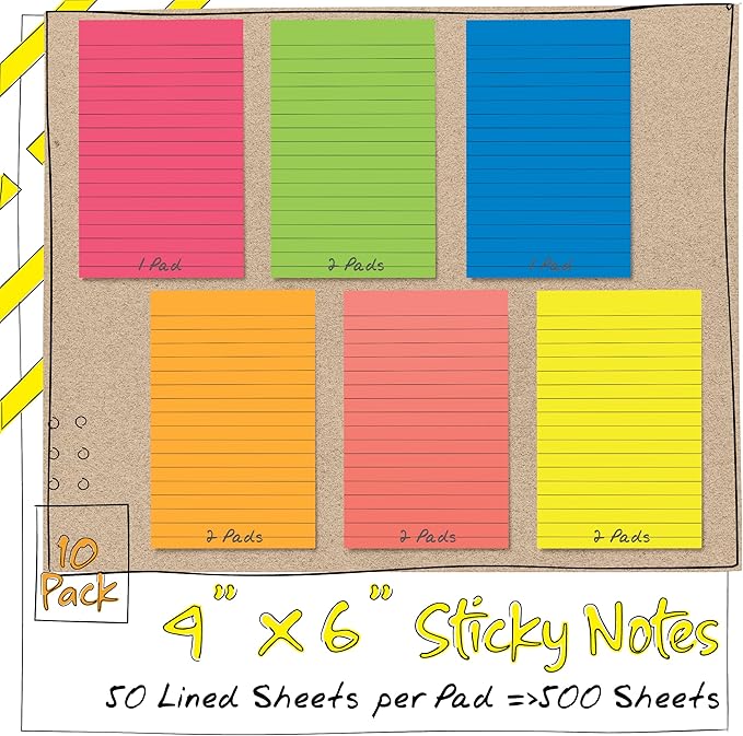 Better Office Products Lined Sticky Notes, 4 x 6, 10 Pack, 500 Sheets (50/Pad), Self Stick Notes with Lines, 6 Bright Assorted Colors, Post Memos, Strong Adhesive, 10 Pads