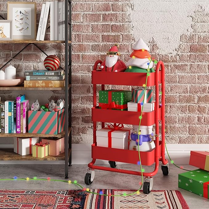 3-Tier Red Utility Rolling Cart,Kitchen Storage Carts with Wheels,Red Metal Rolling Cart for Office,Home,Kitchen,Garden๏ผ13.4"x18.1"x31"๏ผ Red