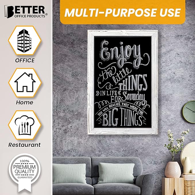 Better Office Products Magnetic Wall Chalkboard, X Large Size 20" x 30", Rustic Wood Frame, Chalkboard Sign, Vertical/Horizontal Wall Mount, Includes 4 Chalk Markers + Chalk and Eraser,(Whitewash)