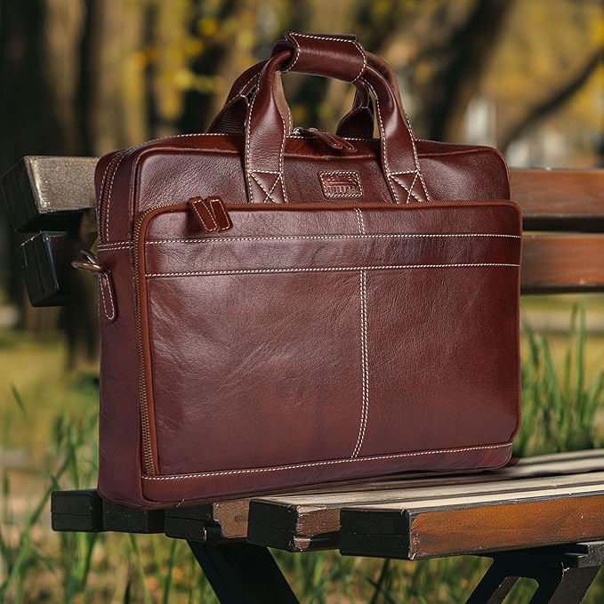 LEATHER VILLAGE 16" Leather Laptop Messenger Briefcase Bag for Men-Leather Satchel for Travel and Office Shoulder Bag-Red Brown