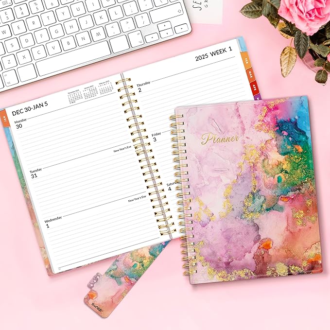 SUNEE 2025 Weekly and Monthly Planner - from January 2025 - December 2025, 6.4" x 8.3" Daily Agenda Planner with Monthly Tab, Flexible Cover, Note Pages, Pockets, Bookmark, Spiral Binding, Marble
