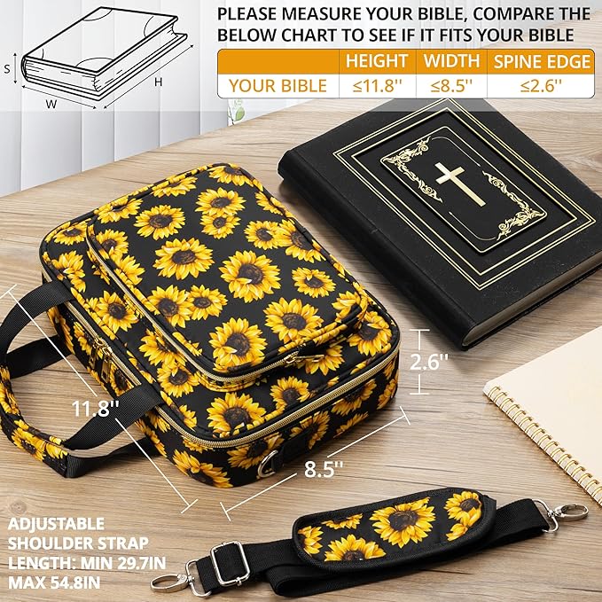 Bible Cover for Women Bible Case, Large Bible Bag w/ Shoulder Strap, Bible Study Supplies Bible Journaling Kit Book Carrying Case with Bible Highlighters Tabs, Christmas Christian Gifts for Women Lady
