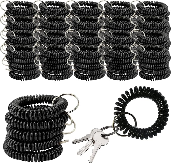 100PCS Keychain Wristlet Wrist Keychain Wristband Elastic Stretchable Spiral Bracelet Key Hook Key Holder for Gym Pool Spring Spiral Coil Black