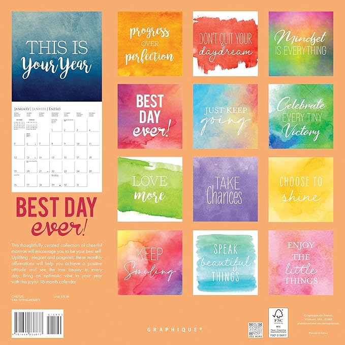 Graphique 2025 Best Day Ever Wall Calendar | 12” x 12” | Thick Paper | Home & Office Organizer | Large Monthly Grid | 3 Languages & Marked Holidays | 4 Month Preview Page for 2026