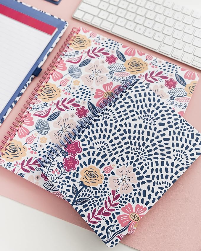 Steel Mill & Co Cute Large Spiral Notebook College Ruled, 11" x 9.5" with Durable Hardcover and 160 Lined Pages, Mosaic Floral