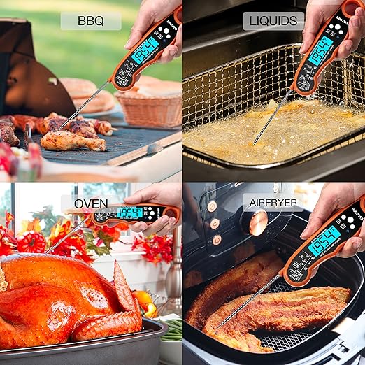 TP-01 Waterproof Digital Instant Read Meat Thermometer with 4.6 Folding Probe Backlight Calibration Function for Cooking Food Candy, BBQ Grill, Liquids,Beef(Orange)
