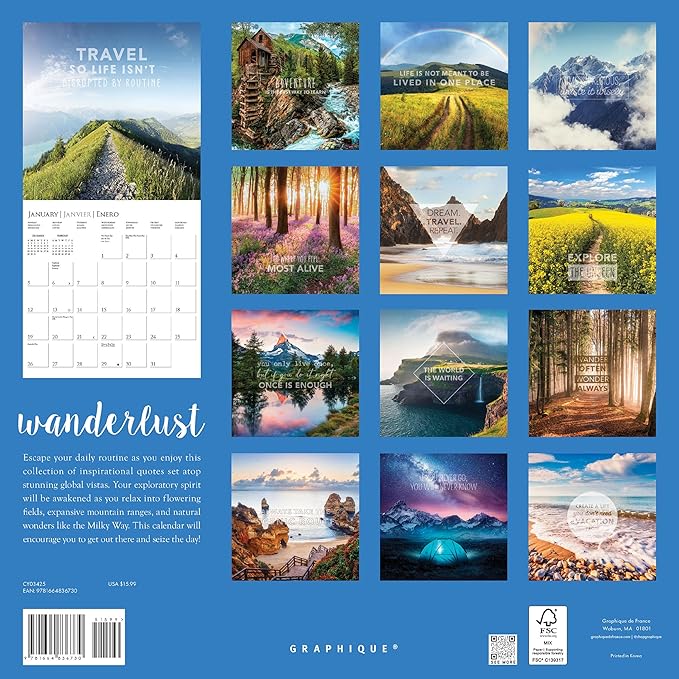 Graphique 2025 Wanderlust Wall Calendar | 12” x 12” | Thick Paper | Home & Office Organizer | Large Monthly Grid | 3 Languages & Marked Holidays | 4 Month Preview Page for 2026
