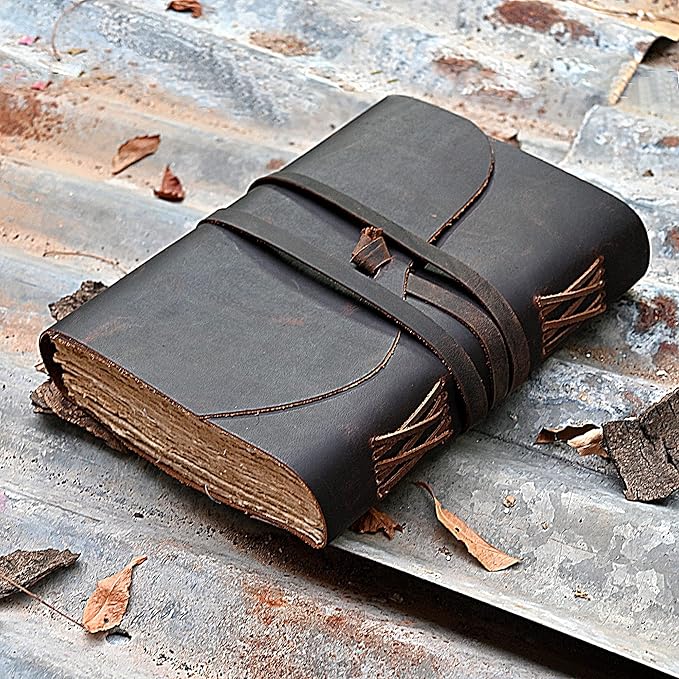 Vintage Leather Journal - 200 pages Deckle Edge Rustic Paper - Unlined Pages Book of Shadows, Grimoire, Junk Notebook, Fantasy Medieval Gifts, Sketchbook, Antique Scrapbook (Dark Brown, 9"x6")