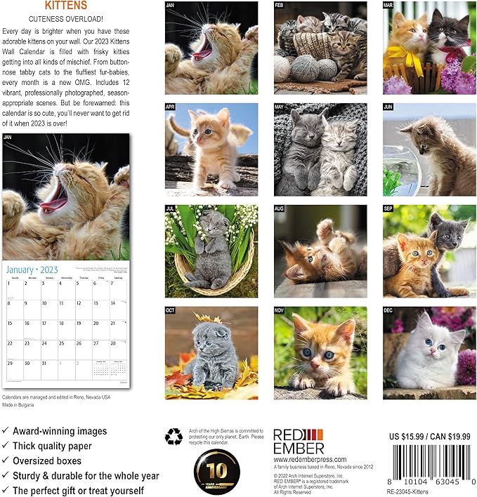 RED EMBER Kittens! 2023 Hangable Monthly Wall Calendar | 12" x 24" Open | Thick & Sturdy Paper | Giftable | Kids Cute Kitten Cat | Cuteness Overload