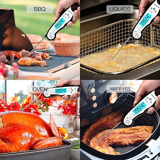 TP-01 Waterproof Digital Instant Read Meat Thermometer with 4.6 Folding Probe Backlight Calibration Function for Cooking Food Candy, BBQ Grill, Liquids,Beef(White)
