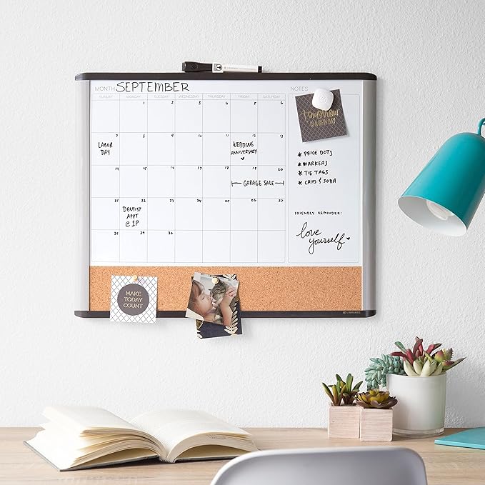 U Brands 3-in-1 Magnetic Dry Erase Calendar Board, Black and Gray Frame, Magnet and Marker Included, 16" x 20" (6712U00-01)