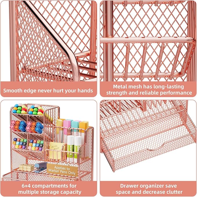 Marbrasse Mesh Pen Holder for Desk, Desk Organizer with Drawer, Multi-Functional Pencil Organizer, Desk Organizers and Accessories for Office Art Supplies (Rose Gold), MESH B17
