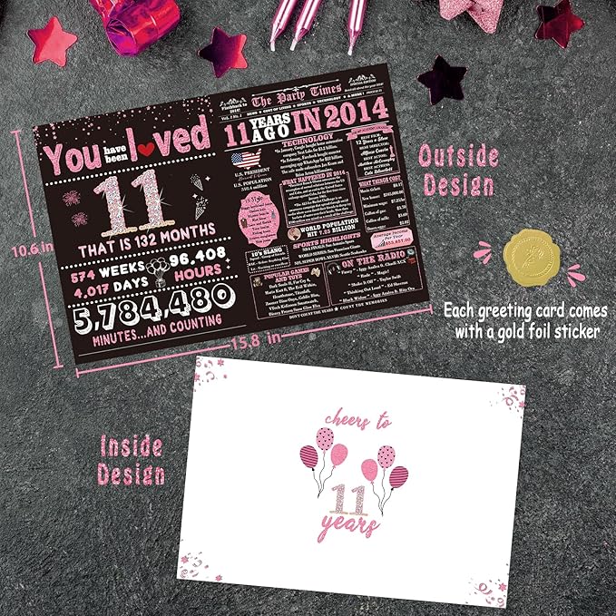 11 Year Old Girl Birthday Gifts, 11th Birthday Decorations for Girls, 11th Birthday Card, Celebration Ideas, Big Size, Rose Pink Gold