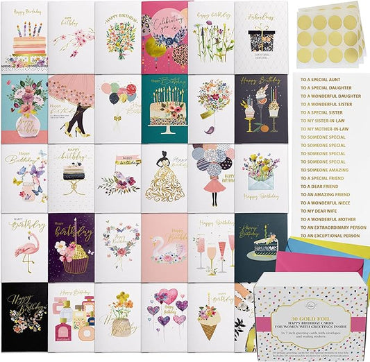 Dessie 30 Unique Gold Foil Birthday Cards for Women with Envelopes, Sealing Stickers and Personalized Gold Foil Lettering. Birthday Cards for Her
