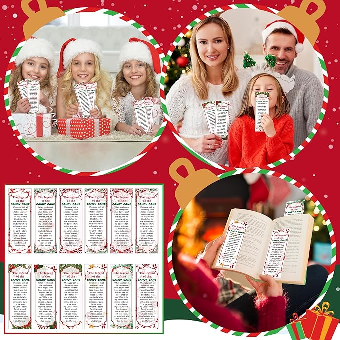 Haooryx 120pcs Christmas Theme Bookmarks, The Legend of The Candy Cane Bookmark with Red Ribbons, Candy Cane J is for Jesus Religious Bookmark Party Favor for Sunday School Supply Students Rewards