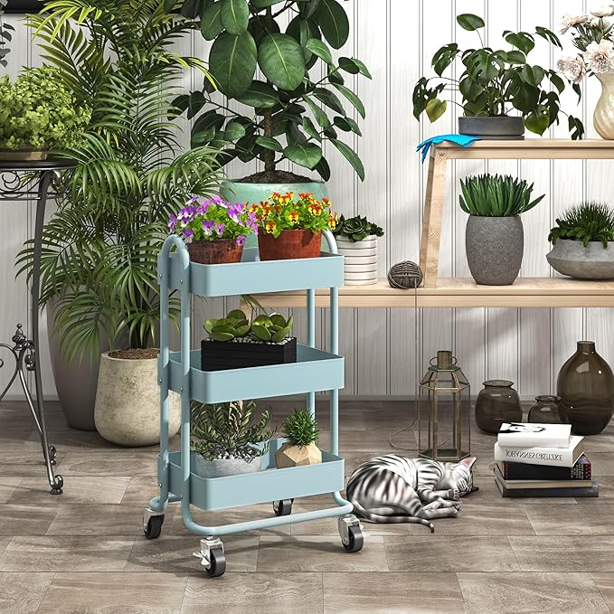 3-Tier Rolling Cart with Wheels,Kitchen Storage Carts or Metal Rolling Utility Cart with Handle,Movable Storage Organizer,Blue Carts for Nursery, Kitchen, Bathroom, Craft Room๏ผ13.4"x18.1"x31"๏ผ