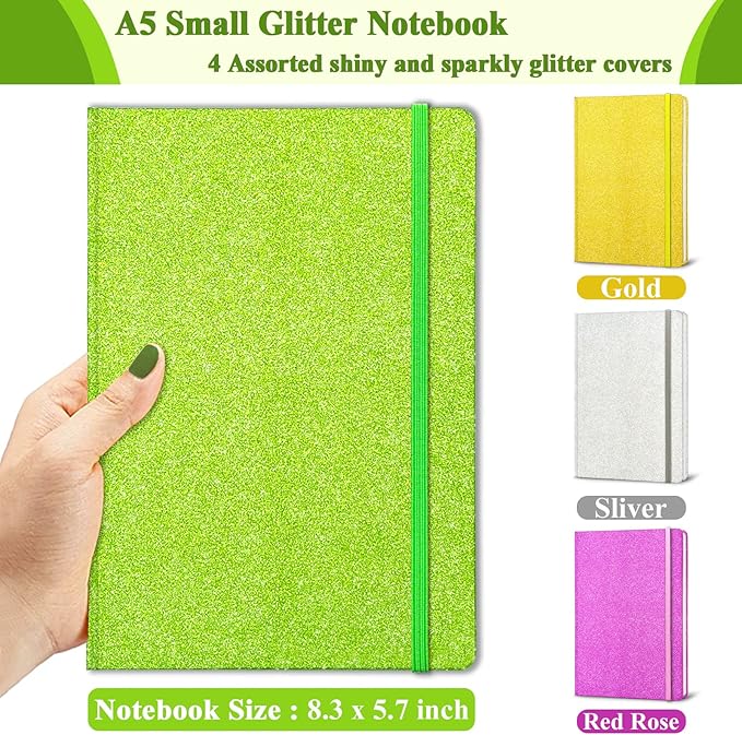 Green Glitter Notebook, 8.3x5.7” 160 Lined Pages Glitter Never Peel Off Sparkle Journal for Girls College Ruled A5 Hardcover Notebooks for Teens Women Writing Note Taking Office Work School Gifts