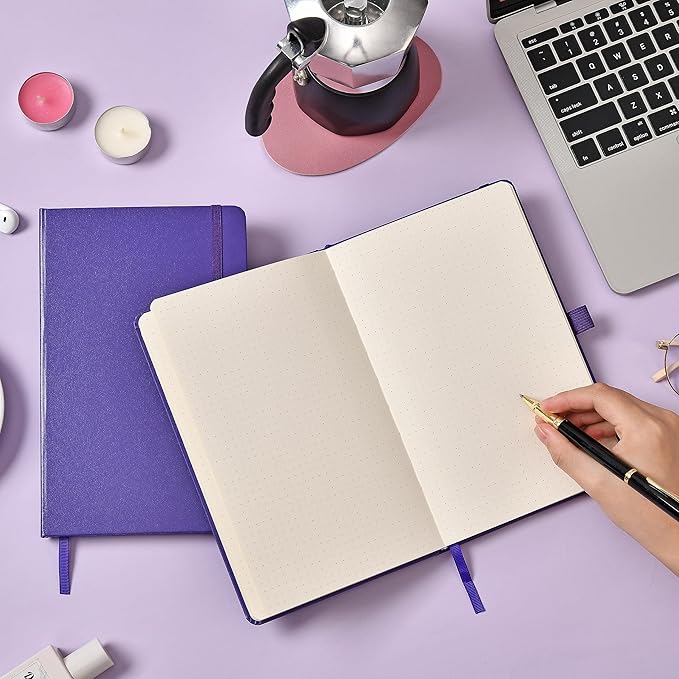 Dotted Journal/Notebook - Dot Grid Hard Cover Notebook, Premium Thick Paper with Fine Inner Pocket, Black Smooth Faux Leather, Pen Loop, 5.3'' x 8.26'' - Periwinkle