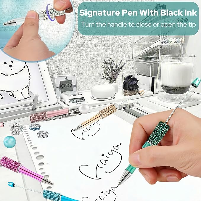 12Pcs Beadable Pens Bulk Diamond Ballpoint Pens Multicolor Retractable Writing Pens Bead Pens DIY Focal Beads Pens Making Kit Gifts for School Office Teacher Staff Students