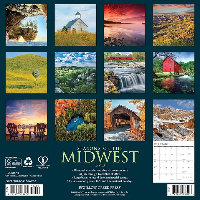 Willow Creek Press Seasons of the Midwest 2025 Wall Calendar (12" x 12")