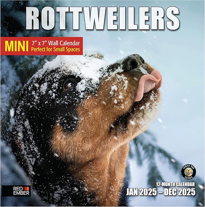 RED EMBER Rottweilers Mini 2025 Wall Calendar 12 Month | 7" x 14" Open | Thick & Sturdy Paper | Giftable | Calendar 2025