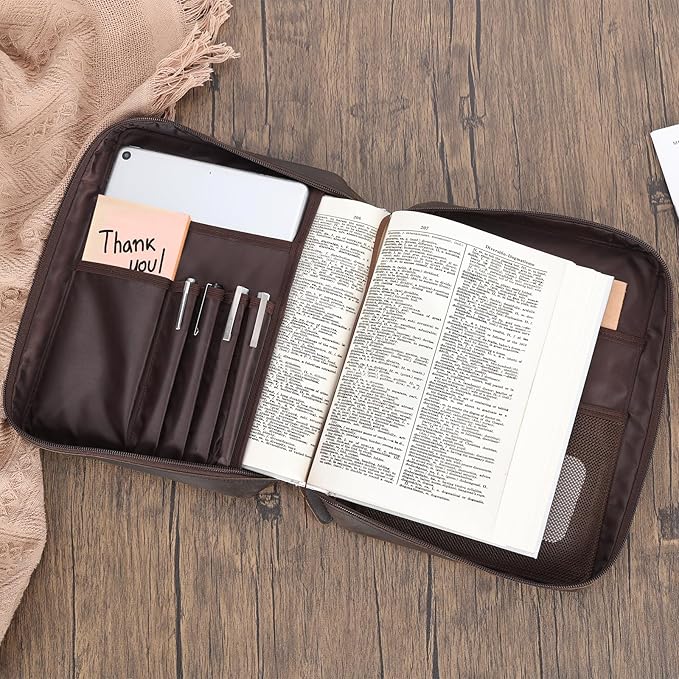 Polare Full Grain Cowhide Leather Bible Cover Church Bag Bible Protective Book Holder Carrying Case Folder Organizer Portfolio (Dark Brown(Lord is My Strength & Defense))