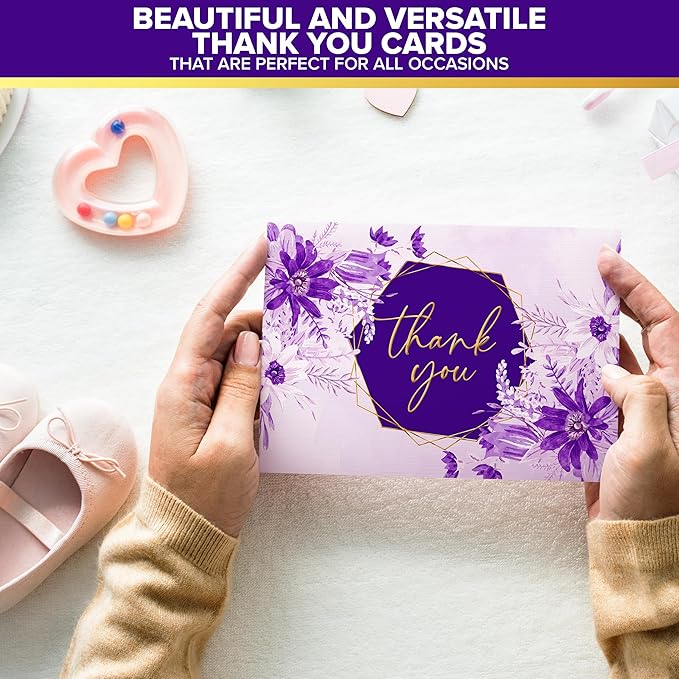 Decorably 24 Pack Gold-Foiled 6x4in Purple Thank You Cards with Envelopes and Stickers, 6 Elegant Designs Lavender Thank You Cards, Blank Inside - Wedding, Baby Shower