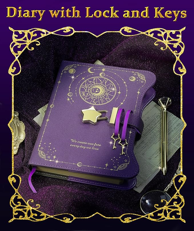 Diary with Lock and Keys for Girls Gift Ideas, 360 Kraft Pages Journal for Women, B6 Refillable Notebook for Writing with Pen and Bookmark (Astro Purple)