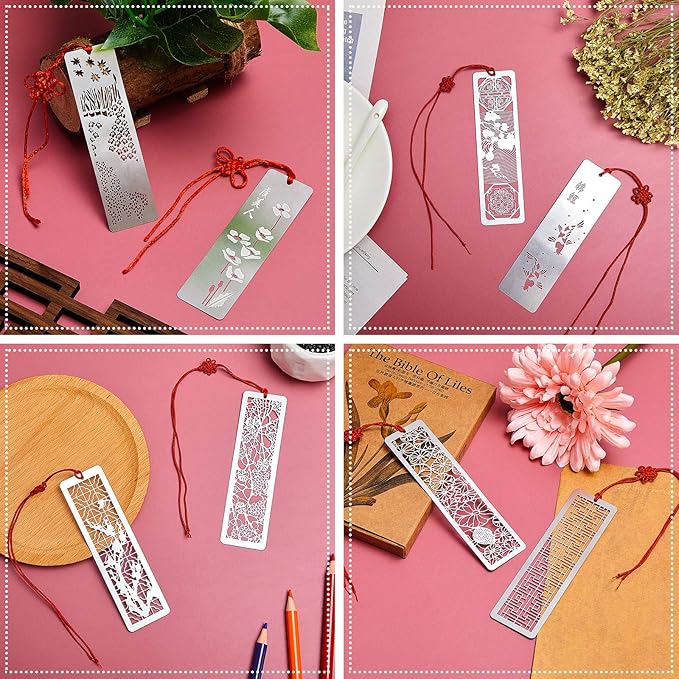 Outus 8 Pieces Hollow Art Metal Bookmarks for Wedding Men Teachers Employee Appreciation Gift Stainless Steel Bookmarks with Red Knot Theme Bookmarks for Book Reading Presents, 4.5 x 1.25 Inch