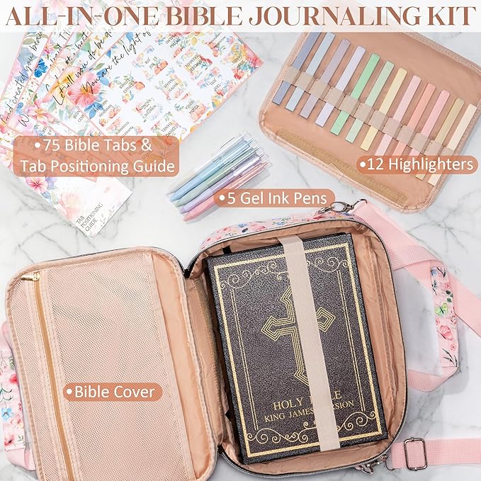 Bible Cover for Women Bible Case, Large Bible Bag w/Shoulder Strap, Bible Study Supplies Bible Journaling Kit Book Carrying Case with Bible Highlighters Tabs, Christmas Christian Gifts for Women Lady