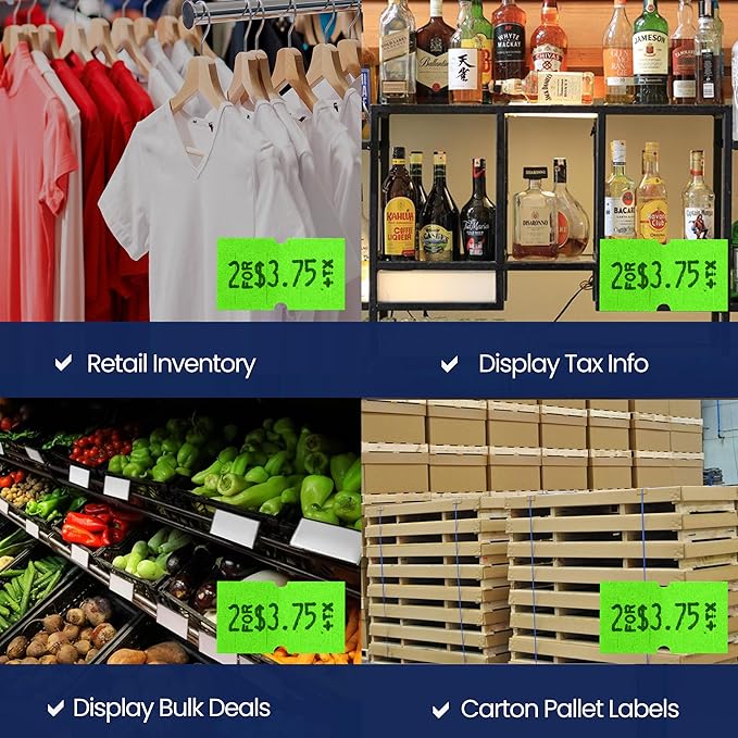 Perco 1 Line Fluorescent Green Labels - 80 Rolls, 10 Sleeves, 80,000 Blank Price and Date Gun Labels for Perco 1 Line Price and Date Guns - Made in USA