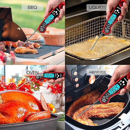 TP-01 Waterproof Digital Instant Read Meat Thermometer with 4.6 Folding Probe Backlight Calibration Function for Cooking Food Candy, BBQ Grill, Liquids,Beef(Red)