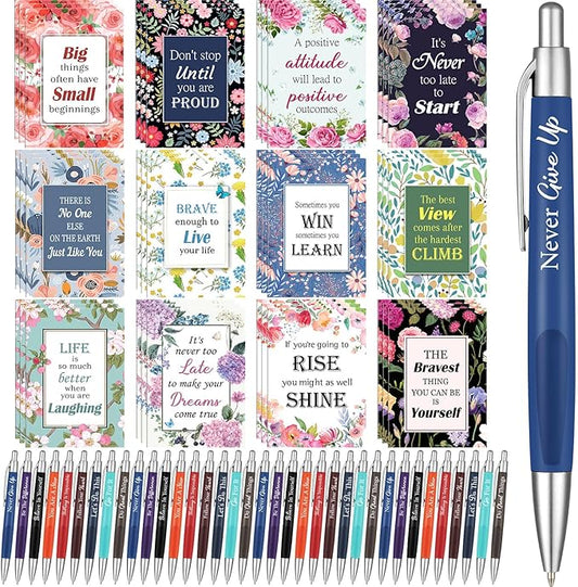 Yeaqee 72 Pcs Motivational Pens Notepads Gifts Set Inspirational Quote Ballpoint Pen Small Notebook Mini Journal Bulk Gifts for Teacher Coworker Gifts Women Office School(Inspiring)