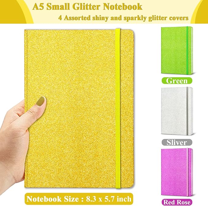 GINMLYDA A5 Glitter Notebook, Hardcover 160 Pages Never Peel Off Sparkle Glitter Lined Journal Notebook for Women Girls Writing Note Taking Works School Gift (Golden-8.3 x 5.7 Inches)