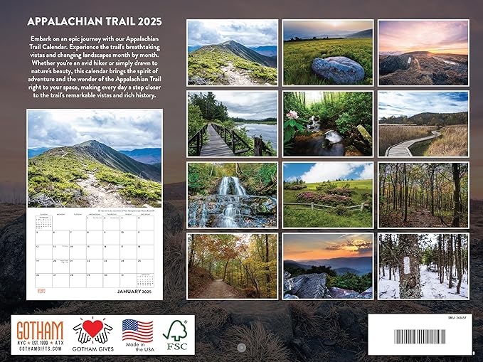 Appalachian Trail Calendar 2025 Monthly Wall Calender 12 Month | American Made In The USA