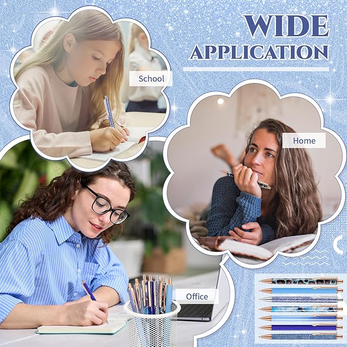 Sherr 7 Pcs Fancy Pens for Women Cute Sparkly Glitter Pens with 10 Pcs Black Ink Refills Pretty Gifts for Girls Office School Christmas Graduation(Dark Blue,Adorable)