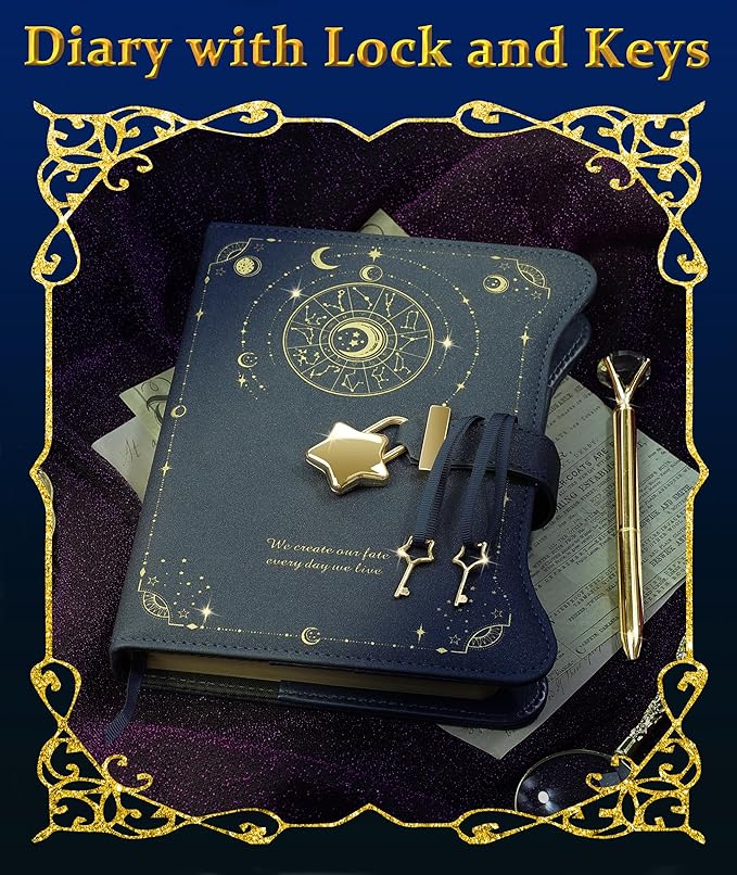 Diary with Lock and Keys for Girls Gift Ideas, 360 Kraft Pages Journal for Women, B6 Refillable Notebook for Writing with Pen and Bookmark (Astro Blue)