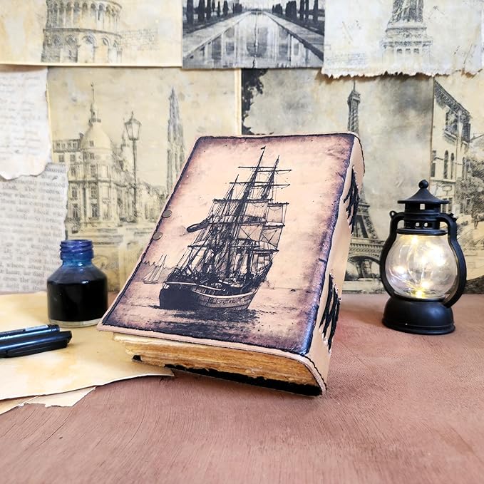 Large Sailing Ship Leather Journal Dairy Notebook Sketchbook | 200 Deckle Papers | C-Shape Lock for Closure (10*7 inch)