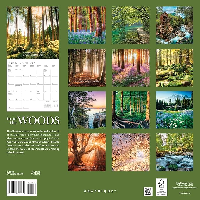 Graphique 2023 Wall Calendar Into the Woods | 12” x 12” | Thick Paper | Home & Office Organizer | Large Monthly Grid | 3 Languages & Marked Holidays | 4 Month Preview Page for 2024