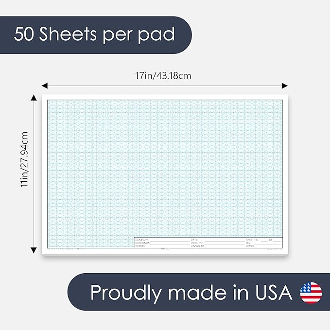 11" x 17" Isometric Graph Paper 50 Sheets Landscape - 0.25" Grid, Non-photo Blue, High Brightness, Drafting, Engineering, Art, 3D Design (3-Pack)