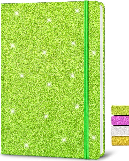Green Glitter Notebook, 8.3x5.7” 160 Lined Pages Glitter Never Peel Off Sparkle Journal for Girls College Ruled A5 Hardcover Notebooks for Teens Women Writing Note Taking Office Work School Gifts
