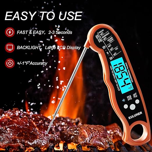 TP-01 Waterproof Digital Instant Read Meat Thermometer with 4.6 Folding Probe Backlight Calibration Function for Cooking Food Candy, BBQ Grill, Liquids,Beef(Orange)