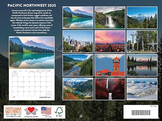 Pacific Northwest Calendar 2025 Monthly Wall Calender 12 Month | American Made In The USA