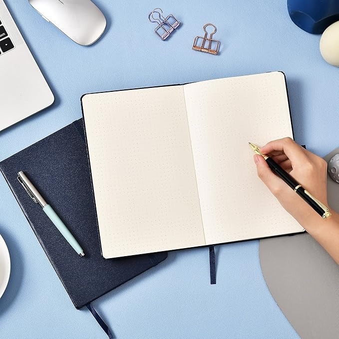 Dotted Journal/Notebook - Dot Grid Hard Cover Notebook, Premium Thick Paper with Fine Inner Pocket, Black Smooth Faux Leather, Pen Loop, 5.3'' x 8.26'' - Dark Blue