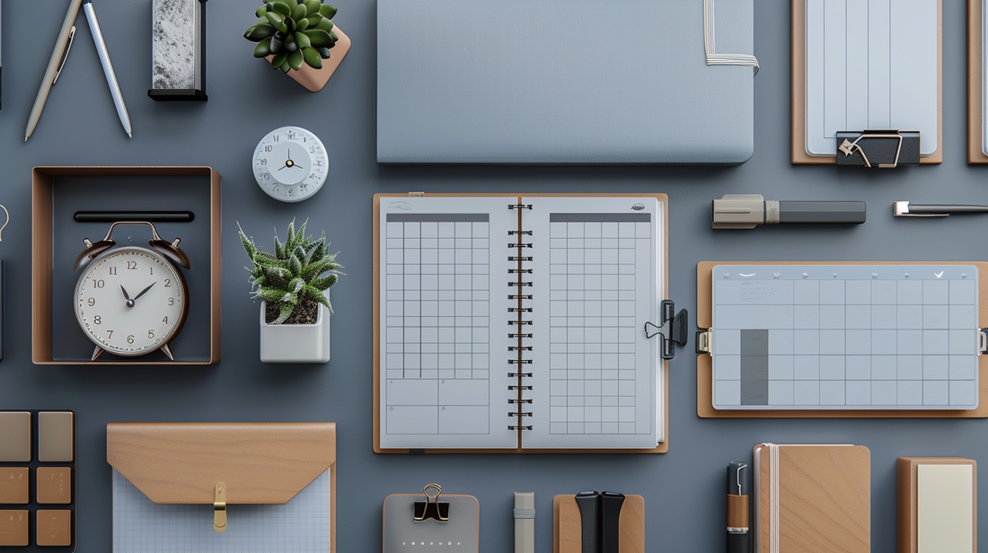 Realistic flatlay of planners, notebooks, desk organizers, and accessories arranged neatly on a modern office desk