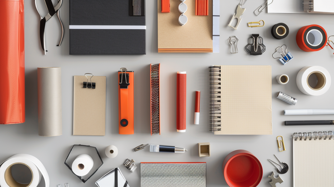Flatlay of adhesives, fasteners, notebooks, and office presentation supplies arranged on a desk