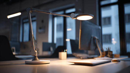Modern LED desk lamp with adjustable arm illuminating a clean office desk, computer and stationery in the background
