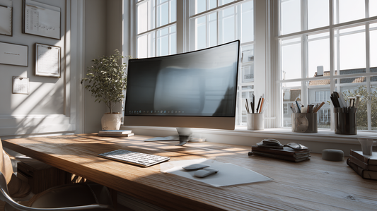 Modern home office desk with large curved monitor, keyboard, and organized accessories near bright windows with natural light