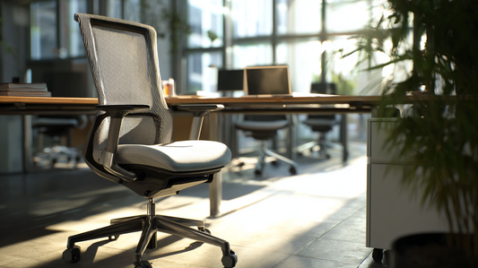 Ergonomic office chair with mesh backrest and cushioned seat positioned at a modern workstation in a bright professional office