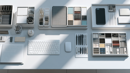 Top view of a modern office desk with neatly arranged storage boxes, trays, pens, and digital devices in a bright organized workspace